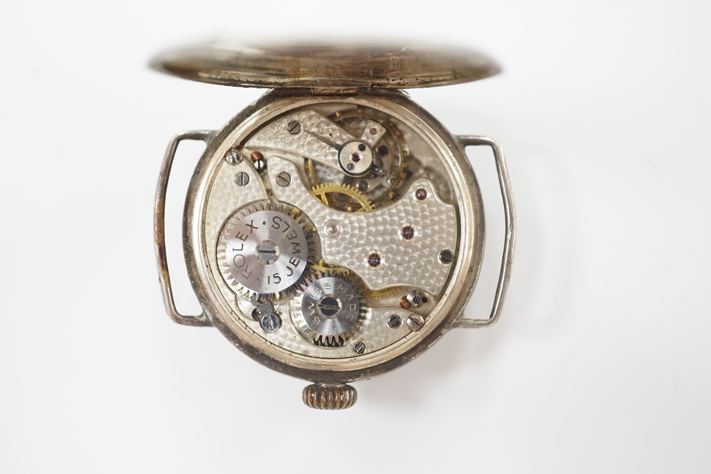 A WWI Rolex silver manual wind wristwatch, case hallmarked for 1916, case diameter 34mm, no strap.